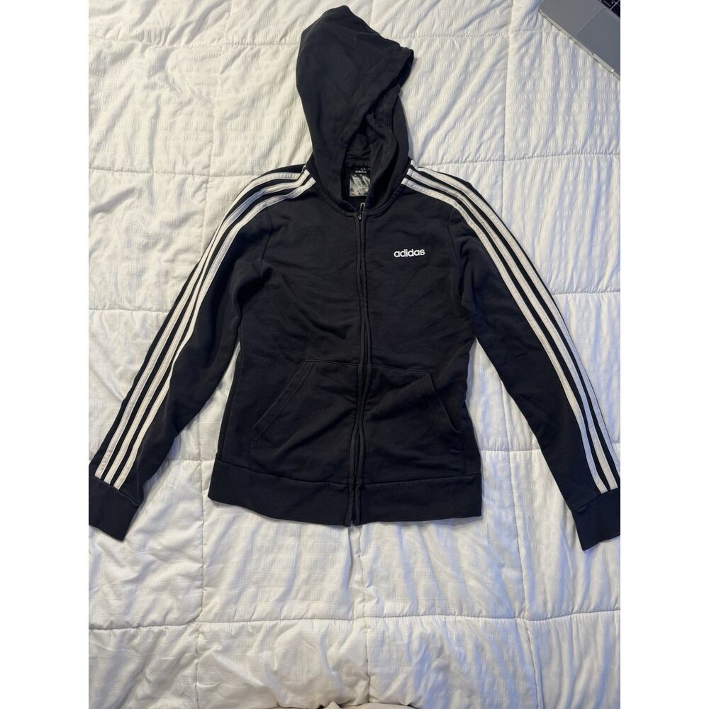 Adidas Essentials 3-Stripes Full Zip Hoodie Black White Women's Small Logo